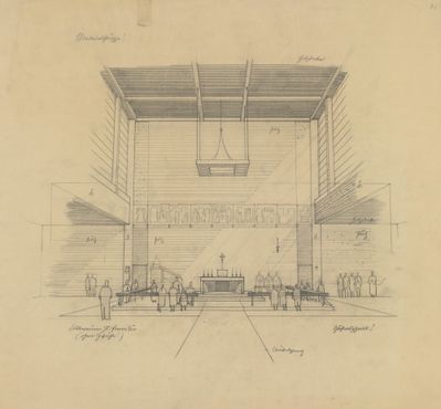 Ferdinand Schuster, Entwurfsskizze für den Altarraum der Pfarrkirche Kapfenberg Heilige Familie, Sammlung Ferdinand Schuster, Plänesammlung