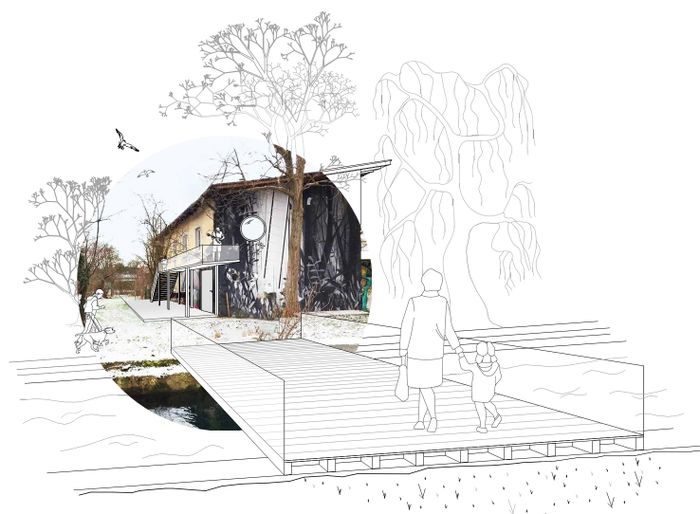 Entwurfsstudie für  eine Brücke über den Mühlbach und eine neue Aussen-Erschließung für das Haus 83, das in Zukunft als Maison Musique auch mehrere Proberäume beherbergen wird.